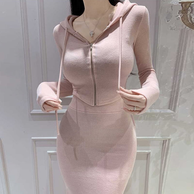 South Korea Dongdaemun Slim-fit Sexy Spice Girl Figure Short Hooded Jacket Sheath Fishtail Dress suit Women