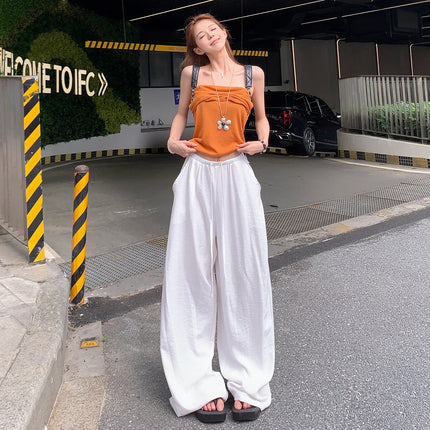 American-Style Relaxed and Lazy High-Waisted Drawstring Sports Wide-Leg Pants for Women, New Summer Style, Loose and Slimming with a Draping Effect, Casual Pants for Women