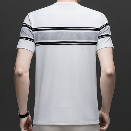 Mingdi Mouse Men's Summer New Round Neck Pullover Short-sleeved T-shirt Casual Striped plus size Young and Middle-aged Men's T-shirt