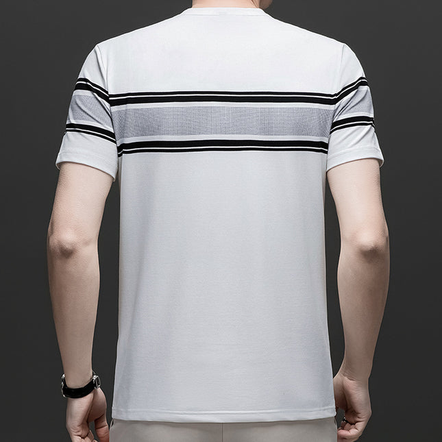 Mingdi Mouse Men's Summer New Round Neck Pullover Short-sleeved T-shirt Casual Striped plus size Young and Middle-aged Men's T-shirt