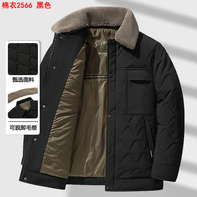 Men's Winter Thickeneded Quilted Warm Cotton Outwear with Removable Fur Collar for Middle-Aged Dads Lapel Cotton Top 2566