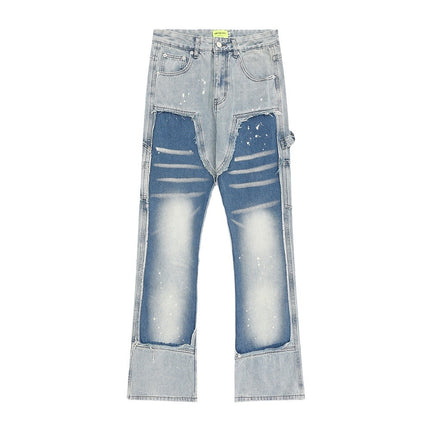 Contrast Color Stitching Cat Must Wash Water Denim Straight Pants Men's Trendy Brand Punk Splash Ink Spray Loose Casual Pants
