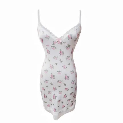 Nightgown with Fresh Small Floral Contrasting Lace Splicing, Small Chest Pure Desire Style, Strap with Chest Pad, Hip-Hugging Sexy Short Nightdress