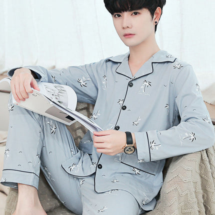 New autumn and winter pajamas cotton men's long-sleeved trousers green middle-aged popular pattern spring and autumn cardigan suit