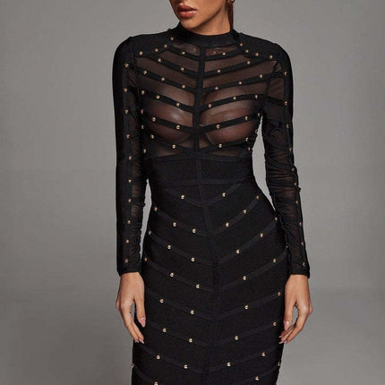 Cross-border e-commerce European and American Foreign Trade women's clothing heavy industry nailing perspective mesh long sleeve dress bandage dress hot sale