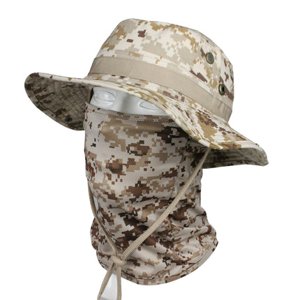 Outdoor Tactical Fisherman Hat Camo Penny Hat Summer Mountaineering Training Sunshade Round Edge Hat Mask Two-piece Set