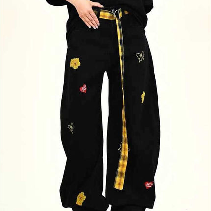 Plaid Belt Cartoon Embroidery Design Jeans for Women 2025 Summer New Loose Wide-Leg Floor-Length Pants