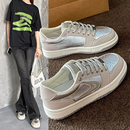 Niche Retro Silver Sneakers for Women, Trendy on Instagram, 2026 New Design, Breathable Flat-Soled American-Style Sports Casual Shoes