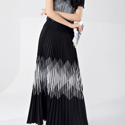 Cross-border Hot Sale Miyake Fashion suit High-end Women's Striped Slim-fit Slimming Short-sleeved T-shirt Pleated Skirt Two-piece Set