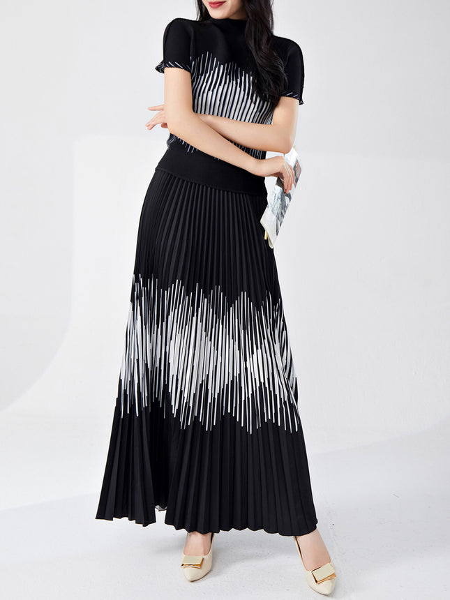 Cross-border Hot Sale Miyake Fashion suit High-end Women's Striped Slim-fit Slimming Short-sleeved T-shirt Pleated Skirt Two-piece Set