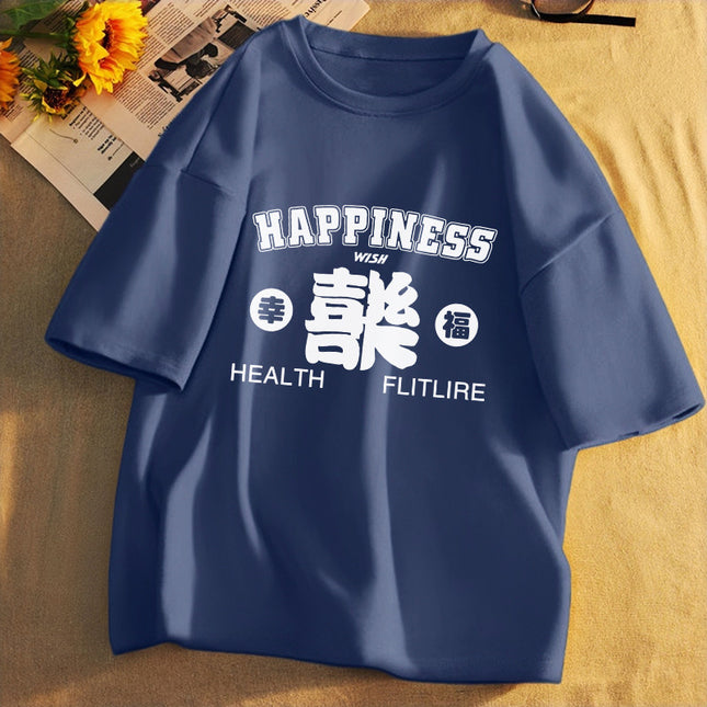 Trendy Autumn Men's Short-Sleeve T-Shirt, Pure Cotton, Round Neck, Plus Size, Loose Fit, Navy Blue
