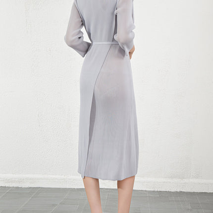 Miyake High-End Dress Long-Sleeved French Garden Collar Pleated Slit Lace-Up Slim One-Piece Dress for Women