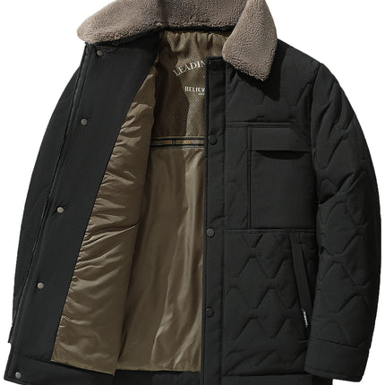Men's Winter Thickeneded Quilted Warm Cotton Outwear with Removable Fur Collar for Middle-Aged Dads Lapel Cotton Top 2566