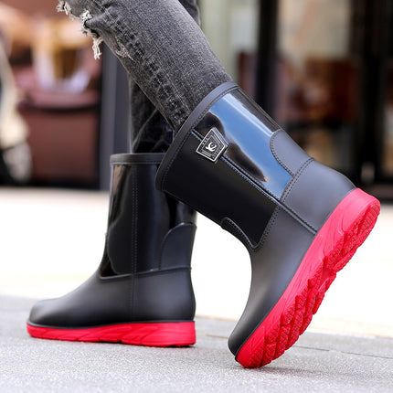 Spring and Autumn Mid-barrel Men's Labor Protection Rubber Shoes Rain Shoes Contrast Color Construction Site Water Boots Non-slip Thickened Rainstorm Boots Knight Red Bottom War Boots