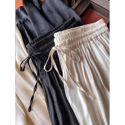 High-End Surplus Satin Drape Acetate Wide-Leg Pants for Women, Loose White Jacquard Straight-Leg Ice Silk Trousers