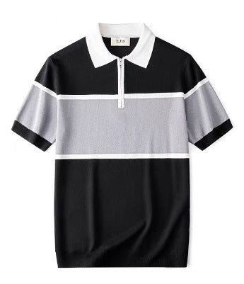 2025 Men's Knitted Polo Shirt Handsome Summer Trendy Men's Right Shoulder Shirt Collar American Zipper Lapel Stripesd T-Shirt