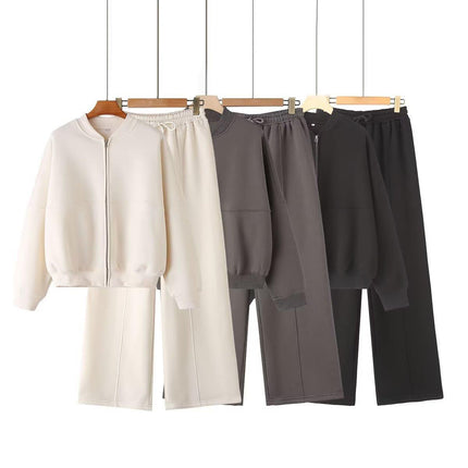 Zipper Bomber Jacket Coat Sweatshirt 3399802 Loose High Waist Fleece Pants 319980 Set Cotton
