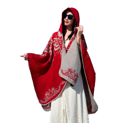 Xinjiang, Xizang, Inner Mongolia Travel Wear Red Shawl Large Cloak Scarf Ethnic Style Outer Warm Cloak for Women
