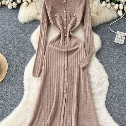 High-Quality 2025 Autumn Chanel-Style Private Wear for Socialites, Women's Knit Slit Dress with Round Neck and Bodycon Skirt