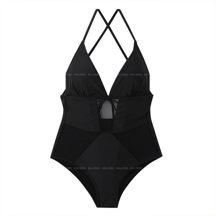 Black Stitching Perspective Strap Swimsuit Women's Beach Sexy Low-cut one-piece Swimsuit Belly Covering Beautiful Back Slim Bikini