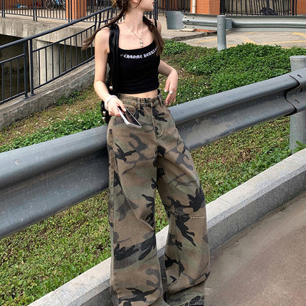 American Retro High Street Straight Washed Distressed Camouflage Jeans Women's High Waist Loose Wide Leg Drape Long Pants