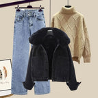 Black jacket + khaki sweater + jeans [three-piece set] / M [recommended 40-50kg ]