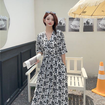 Cotton floral dress 2024 new thin waist pure wind Amazon artificial cotton beach dress fairy dress