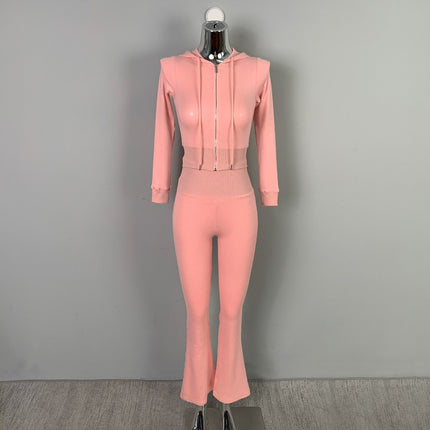 South Korea Dongdaemun Figure Sports suit Slim-fit Sexy Hooded Zipper Short Coat High Waist Flared Pants for Women