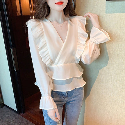 2025 Early Spring Super Fairy Ruffled Chiffon Shirt Foreign Style Age-reducing Light Mature Goddess Fan Long Sleeve V-neck Shirt for Women
