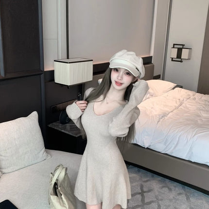 Early Autumn Elegant Purple Knitted Stretch Dress for Women Pure Sexy V Neck Slim Waist Pleated A-Line Short Skirt