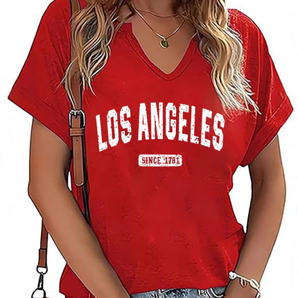 Amazon Spring and Summer New Product V-Neck Rolled Sleeves Los Angeles Letter Positioning Printed Pullover Short Sleeves