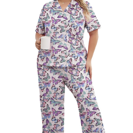 Cross-border Foreign Trade Wholesale plus size Pajamas Women's Spring and Autumn Short-sleeved Trousers Loose Butterfly Printed Home Clothes suit