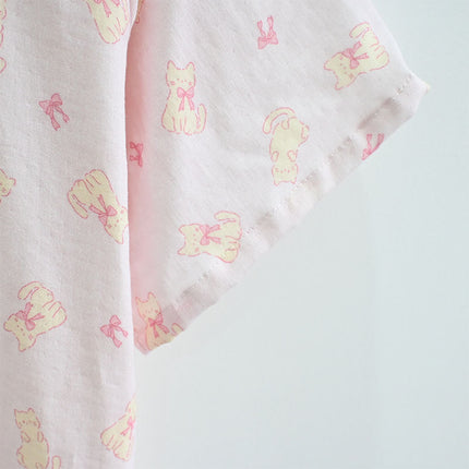 Summer Baby Cotton Gauze Short-Sleeved Thin Nightgown for Women Cartoon Lace Round Neck Breathable Cotton Home Clothes Can Be Worn Outside