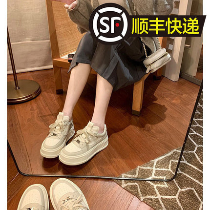 Cowhide ~ Genuine Leather White Shoes for Women, Round Toe, Color Matching Platform Shoes, Thick Soles, Heightening Casual Sports Shoes, Versatile Lace-Up Sneakers
