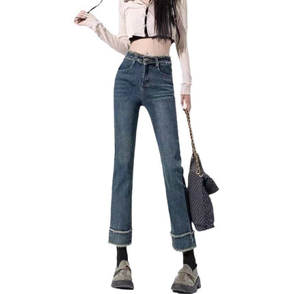 Vintage High Waist Jeans Women's 2024 Summer New Design Sense Rough Edge Slimming Loose Cropped Straight Pipe Pants