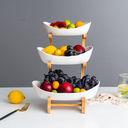 European-style three-layer ceramic dried fruit plate new creative bamboo rack multi-layer fruit plate household snack plate factory direct sales