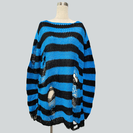 Niche dark classic mohair new thin striped ripped loose long European and American Foreign trade sweater