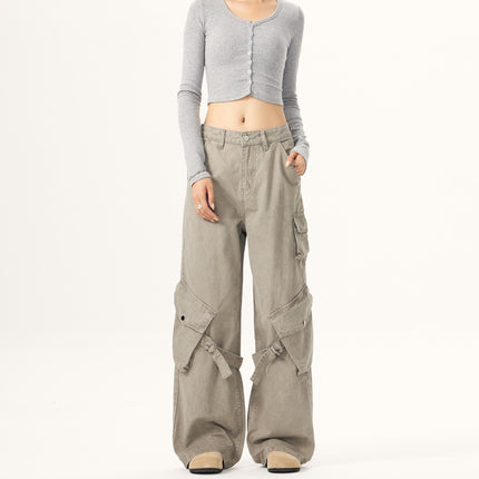 JIAMU Autumn and Winter American Style High Street Vintage Unisex Multi-Pocket Casual Overalls vintage Men's and Women's Loose Wide Legs