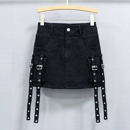 Retro Black and Gray Spicy Girl Style Ribbon Sweet Cool Denim Short Skirt for Women, Spring and Summer High-Waisted Workwear Ins Elastic Bodycon Skirt