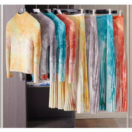 Spring High-Bottom Pleated Corn Kernel Graffiti Long-Sleeved Turtleneck T-Shirt Bottoming Shirt Drapedy Stereo Large Swing Skirt Two-Piece Set