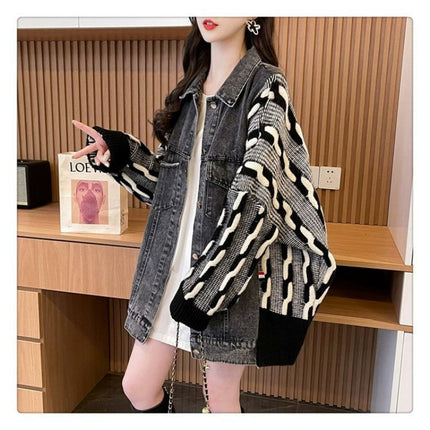 Design Sweater Stitching Denim Coat Women's Autumn and Winter 2024 New Loose Lazy Thickened Western Style Top