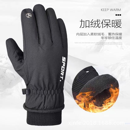 Wholesale black warm gloves men's skiing mountaineering winter plus velvet padded touch screen outdoor cycling five fingers men's
