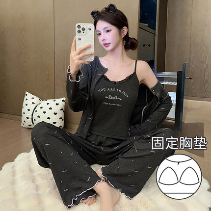 D Oh Mi Da Spring Sexy Sweet Bow Print Thin Strip Modal Pajamas Three-piece Set with Chest Pad for Women