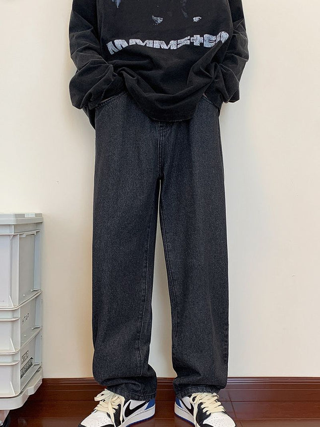 Men's Loose Casual American-Style Jeans, Washed Vintage Blue Floor-Length Casual Pants, Straight-Leg Jeans