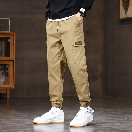 Autumn thick men's loose drawstring multi-pocket overalls fashion brand cotton leggings casual pants in stock