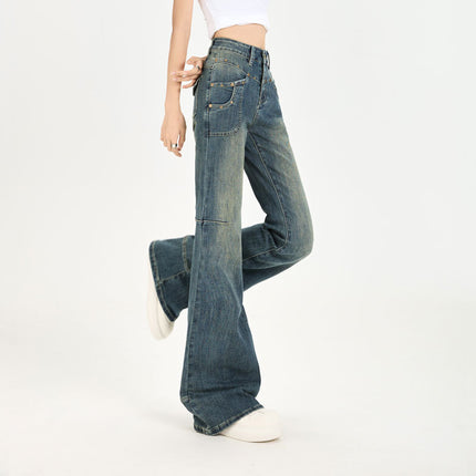 2026 Spring New Stretchy Retro Color American Style High-Waisted Slimming Hot Girl Design Multi-Studded Slim Fit Flare Pants