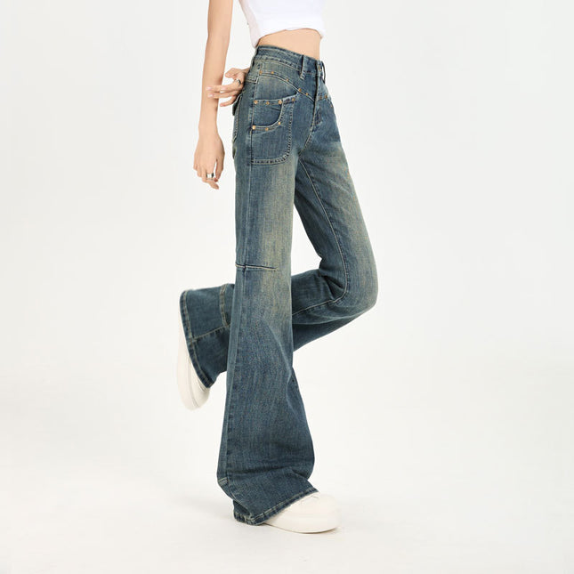 2026 Spring New Stretchy Retro Color American Style High-Waisted Slimming Hot Girl Design Multi-Studded Slim Fit Flare Pants