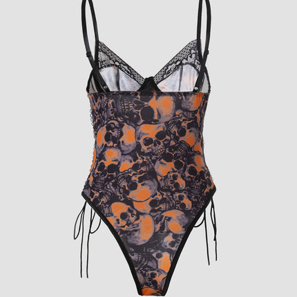 Cross-Border In-Stock Fast Delivery Halloween Milk Silk Skull Print Tie-Up Tight-Fitting Sexy Spaghetti Strap Bodysuit