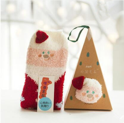 Coral Fleece Japanese-Style Christmas Socks with Embroidered 3D Cartoon Design, Boxed Floor Socks, Half Fleece Socks for Women