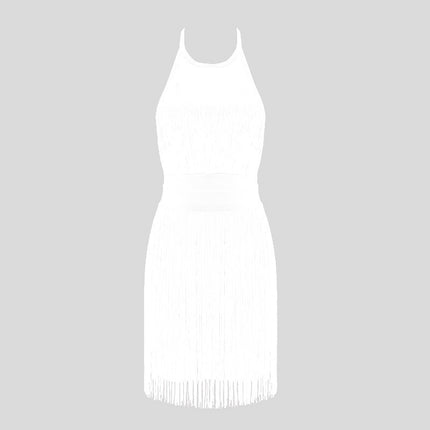 New halter backless sleeveless solid color waist slimming temperament tassel hip mini bandage banquet dress women